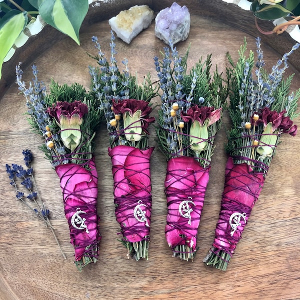 JUNIPER, CEDAR, & LAVENDER Herbal Smoke Cleansing Stick w/ Rose Petals and Carnations, Smudge Stick Sage Alternative Cleansers, Dried Floral