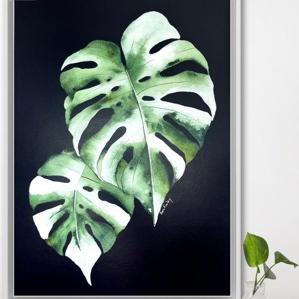 Monstera Deliciosa Albo Leaf Art Prints, Botanical Wall Art, Gouache Art Painting, Variegated Leaf Art, Variegated Monstera Albo Print