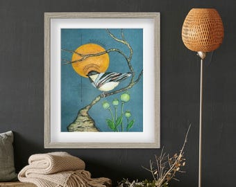 Mystic Bird Art Print: Folk Art Watercolor Painting