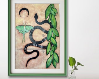 Mystical Snake & Luna Moth Prints, Floral / Botanical Witch Aesthetic Snake Folk Art Illustrations, Cottagecore Art Prints,