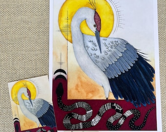 Crane and Snake Art Print: Watercolor Gouache Folk Art
