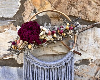 Dried Flower Crystal Wreath, Drift Wood Peony Wreath, Witchy Decor, Boho Dream Catcher Wall Hanging, Botanical / Crystal Wall Decor,
