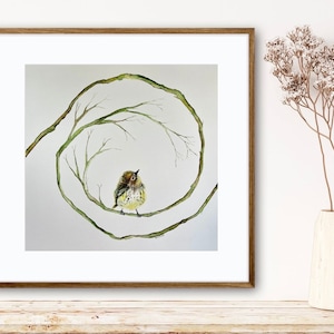Bird Art Print, Watercolor Bird with Spiral Branches, Bird Wall Art, Gift for Bird Lover / Gardener.