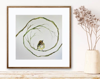 Bird Art Print, Watercolor Bird with Spiral Branches, Bird Wall Art, Gift for Bird Lover / Gardener.