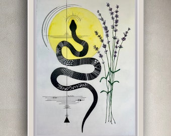 Fine Art Snake Prints, Lavender Moon Witch Aesthetic Snake Folk Art Illustrations, Cottagecore Art Prints, Mystical Garden Snake Print.