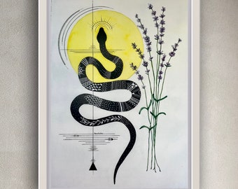 Lavender Moon Snake Art Print: Witchy Cottagecore Illustration