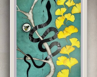 Fine Art Snake Prints, Floral/Botanical Witch Aesthetic Folk Art Illustrations, Cottagecore Art, Mystical Garden Art Print, Ginkgo Leaves