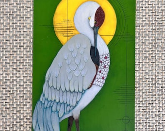 Mystical Crane Print, Watercolor Gouache Bird Art, Snake Detail