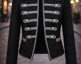 Black Military Band Jacket, Silver Braided Gothic Blazer, Streetwear Outfit, Hussar Style Coat