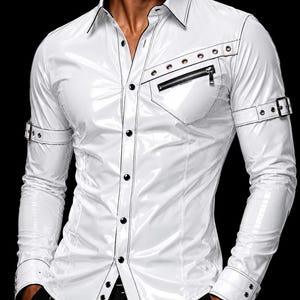Men's Glossy Black PVC Shirt | Patent Vinyl Slim Fit Button-Up, Cyberpunk Gothic Clubwear