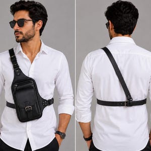 May include: A black leather chest bag featuring a vertical rectangular main compartment with a buckled flap, a zippered pocket above it, and adjustable straps that cross the torso and secure around the waist with a metal buckle closure.