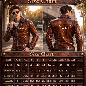 May include: Brown leather jacket with a size chart from Urban Rider Leather. The chart displays chest, shoulder, sleeve, and length measurements in inches. The jacket is shown from the front and back.