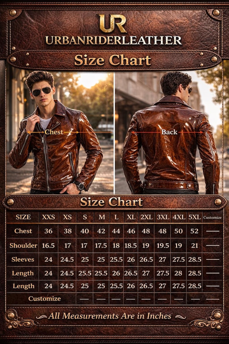 May include: Brown leather jacket with a size chart from Urban Rider Leather. The chart displays chest, shoulder, sleeve, and length measurements in inches. The jacket is shown from the front and back.