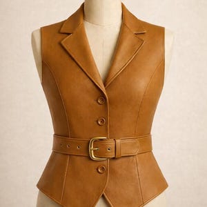 Puede incluir: Un chaleco de cuero marrón con solapas, tres botones y un cinturón con hebilla dorada. El chaleco se exhibe en un maniquí. El texto "REAL LEATHER" es visible en la parte superior.