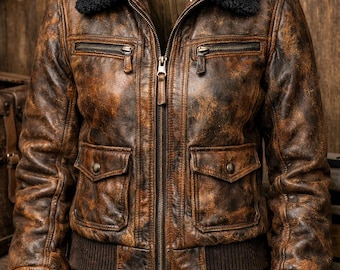 Distressed Leather Bomber Jacket, Vintage Brown Patina Aviator Coat, Shearling Collar Biker Style
