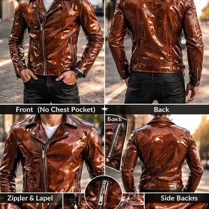May include: A glossy, brown leather jacket with a zipper closure, lapel collar, and zippered cuffs. The jacket has a shiny finish and a tailored fit. The image shows the front, back, and detail shots of the jacket, including the zipper and cuff details.