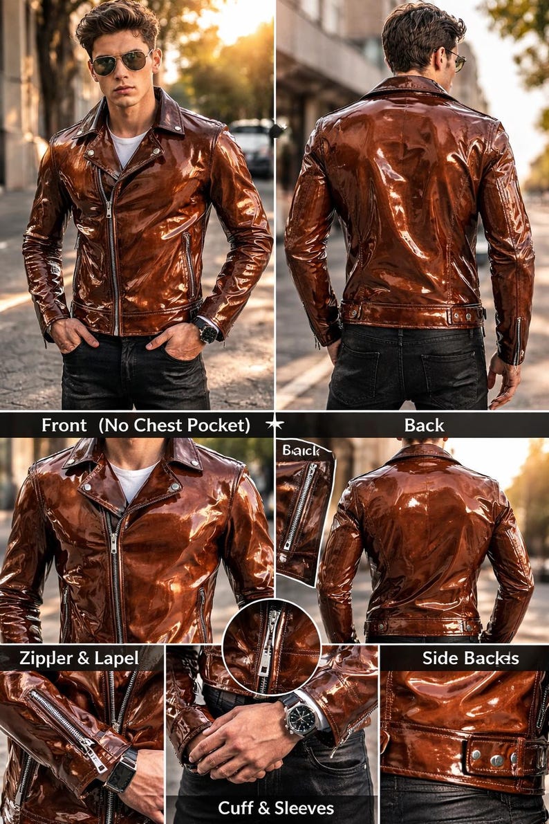 May include: A glossy, brown leather jacket with a zipper closure, lapel collar, and zippered cuffs. The jacket has a shiny finish and a tailored fit. The image shows the front, back, and detail shots of the jacket, including the zipper and cuff details.