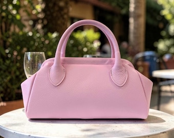 Bolso bandolera de piel rosa estilo bowling / Bolso bandolera italiano tipo baguette