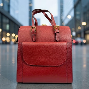 Red Italian Leather Convertible Backpack | 3-in-1 Handbag Shoulder Bag | Pebbled Leather Bag for Women