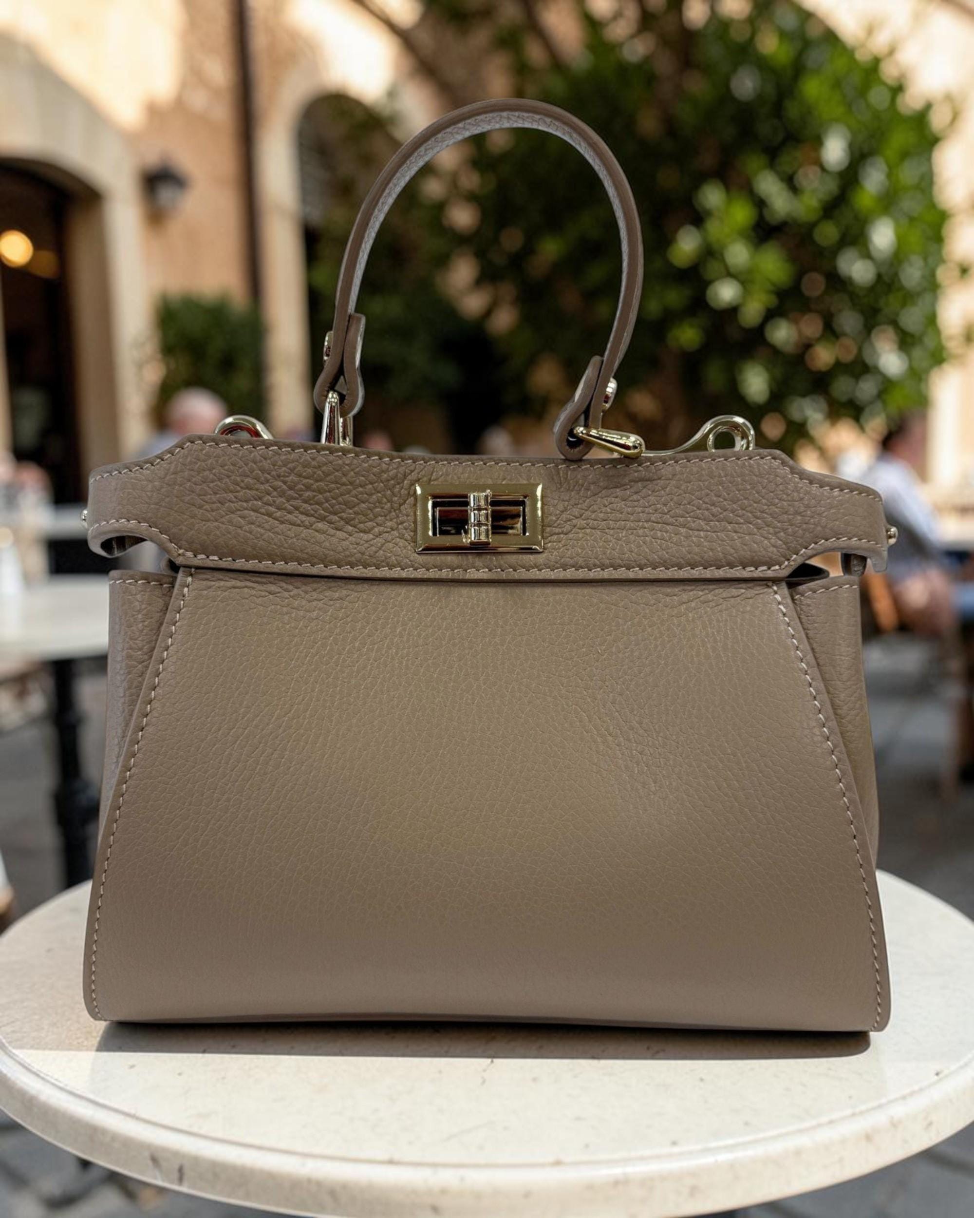 Taupe Italian Leather Doctor Bag | Structured Top Handle Handbag | Crossbody Leather Purse
