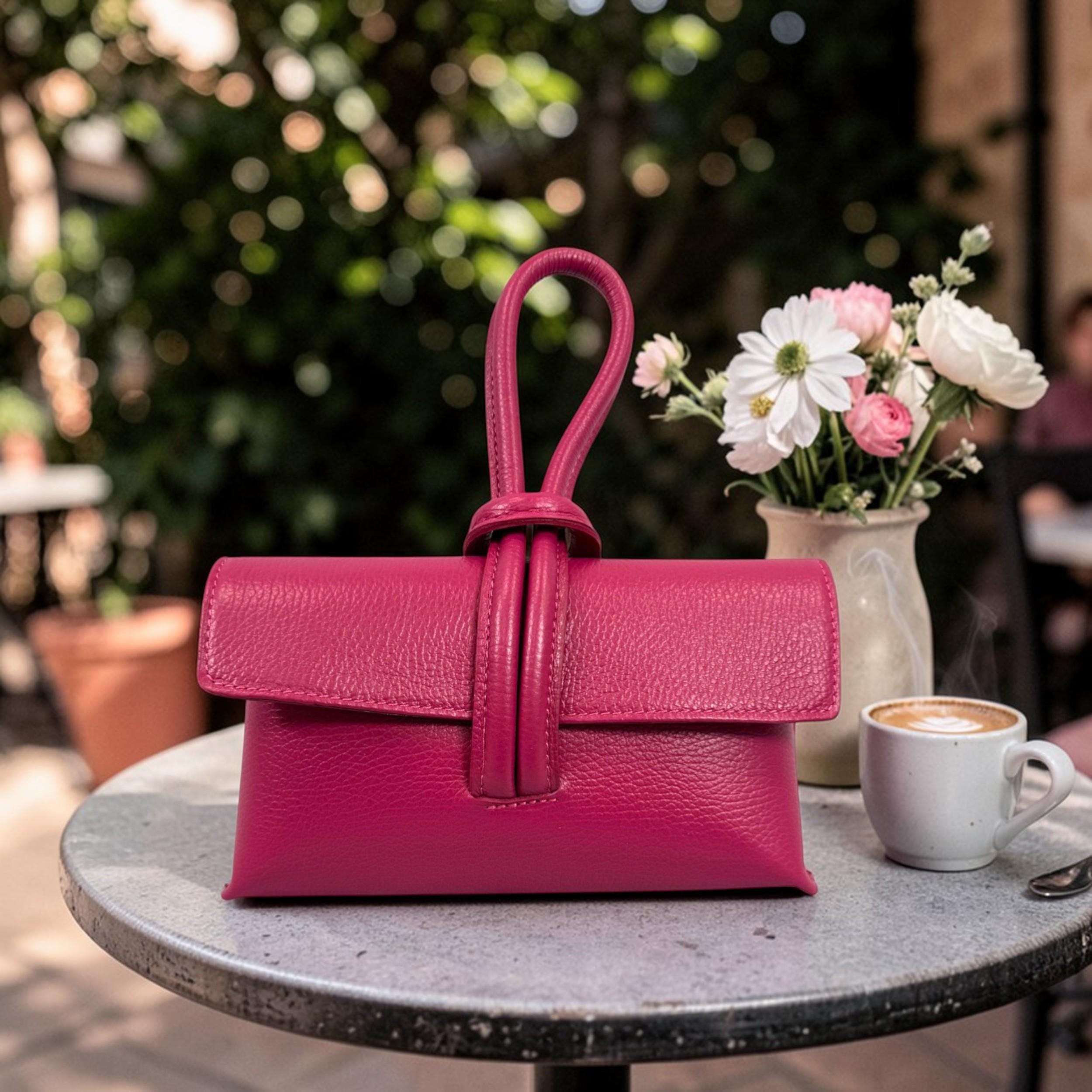 Fuchsia Italian Leather Clutch Bag | Knot Handle Wristlet Purse