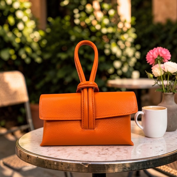 Orange Italian Leather Clutch Bag | Knot Handle Wristlet Purse | Genuine Leather Evening Handbag with Shoulder Strap | Gift for Her
