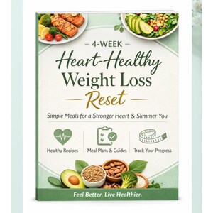 Könnte beinhalten: Buchcover mit dem Titel "Heart-Healthy Weight Loss Reset". Das Cover zeigt Bilder von gesunden Mahlzeiten und Icons für gesunde Rezepte, Ernährungspläne und Fortschrittsverfolgung. Der Untertitel des Buches lautet "Simple Meals for a Stronger Heart & Slimmer You".