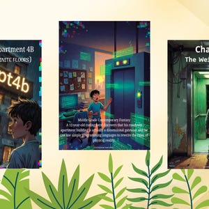 May include: Three book covers with illustrations. The first shows a boy looking at a building with the text "The Glitch in Apartment 4B" and "apt4b". The second shows a boy in front of an elevator. The third shows a boy in an elevator with the text "Chapter 1 The Weird Elevator".