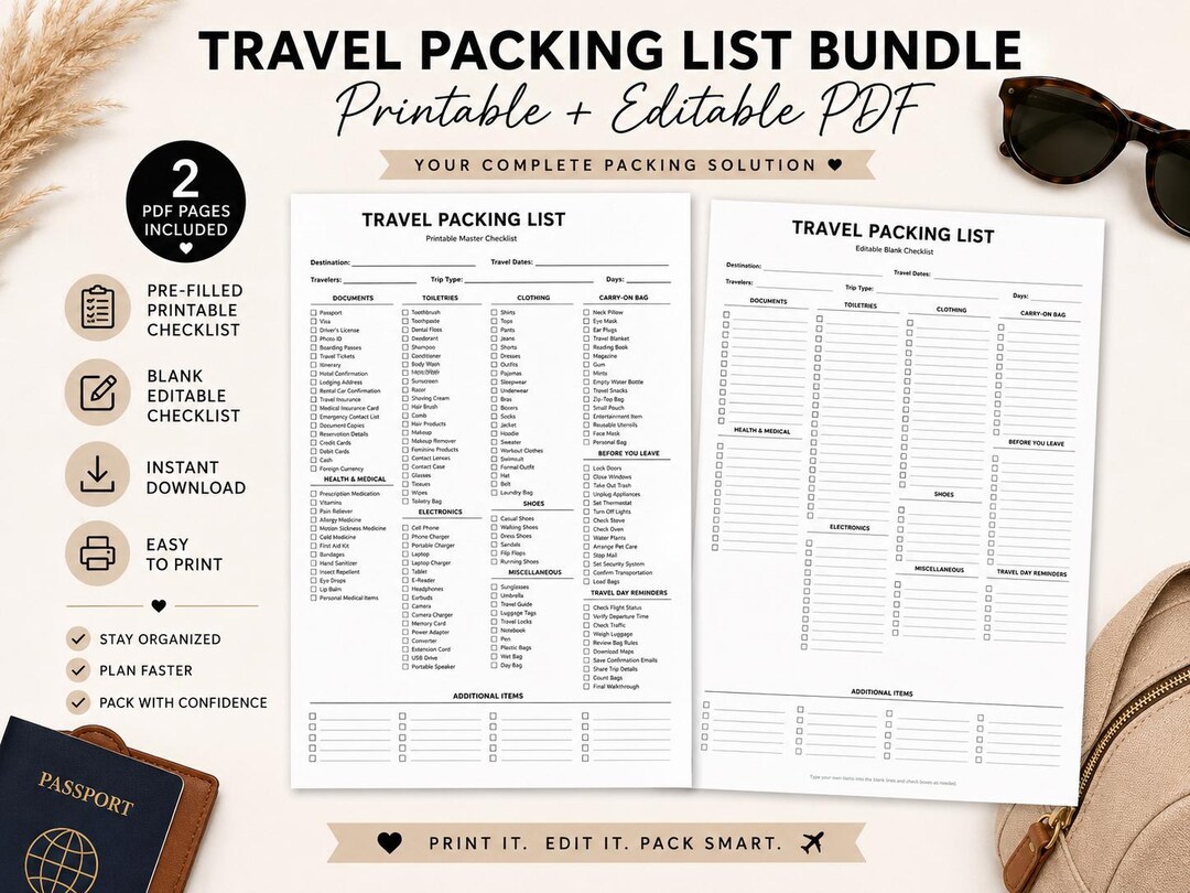 Travel Packing List Bundle: Printable Editable PDF Checklist (digital ...