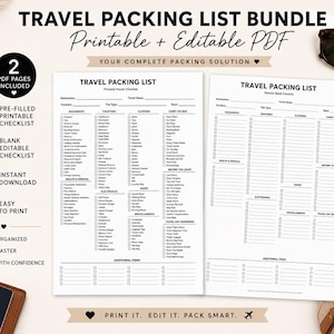 May include: A travel packing list bundle with two PDF pages, including a pre-filled printable checklist and a blank editable checklist. The text reads "Travel Packing List Bundle Printable + Editable PDF" and "Your Complete Packing Solution". A passport and sunglasses are also visible.