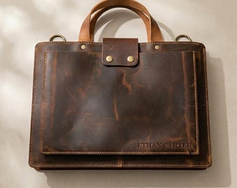 Personalized Crazy Horse Leather Laptop Bag, Custom Engraved Retro Briefcase, Full Grain Leather MacBook Shoulder Bag Gift for Him