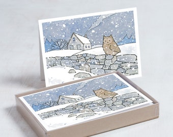 Owl Farmhouse Snow Christmas Card Set - 10 cards