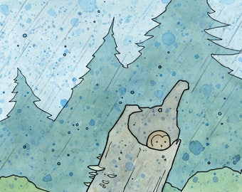 Owlet in Rain watercolor and ink drawing print 5x7