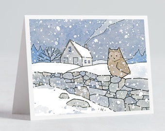 Farmhouse Owl Christmas Card - Winter Snow Landscape