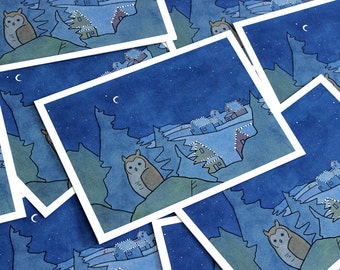 Christmas Night Owl Card Set - 10 illustrated cards