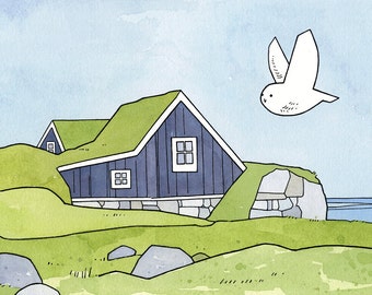 Snowy Owl Art Print, Iceland Cottage Illustration