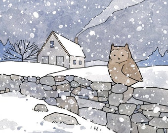 Winter Snow Landscape Print, Owl, Farmhouse Art