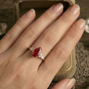 Marquise Cut Red Ruby Solitaire Ring, Minimalist Gold Promise Ring, July Birthstone Jewelry