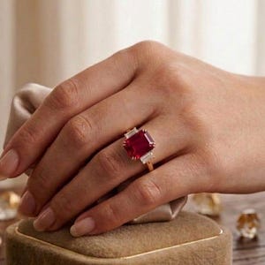 Puede incluir: Un anillo de oro con una gran gema roja rectangular, flanqueada por dos gemas blancas rectangulares más pequeñas. El anillo se exhibe en una caja de joyería de terciopelo, con otras gemas dispersas.