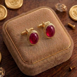 Puede incluir: Un par de gemelos dorados con piedras preciosas ovaladas de color rojo intenso, presentados en una caja de terciopelo marrón. La imagen incluye monedas de oro y elementos decorativos.