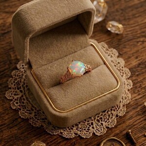 Peut inclure: Une bague en or rose ornée d'une opale taille hexagonale aux reflets irisés. L'anneau présente un motif métallique complexe et entrelacé. La bague est présentée dans un écrin à bijoux beige doublé de velours avec une bordure dorée.