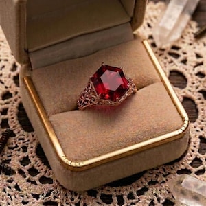 Blood Moon Ruby Ring | Gothic Rose Gold Statement Ring | Vintage Inspired Jewelry Regal Crimson Gemstone Ring | Hexagon Ruby Ring