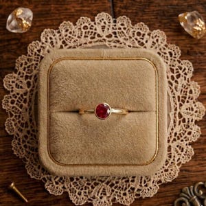 May include: A gold ring featuring a round, faceted red gemstone set in a bezel setting. The ring is centred within a square, tan-coloured velvet jewellery box, which is placed on a circular, cream-coloured lace doily atop a dark wooden surface.