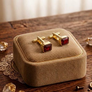 Puede incluir: Un par de gemelos dorados con piedras preciosas cuadradas de color rojo intenso, presentados en una caja de terciopelo marrón. Los gemelos tienen un diseño clásico, con una piedra preciosa rectangular engastada en un marco dorado.