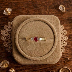 May include: A gold ring featuring a central round-cut red gemstone flanked by two smaller clear round-cut stones. The band has a textured, vine-like design. The ring is centered on a square, tan, velvet-covered ring display box.