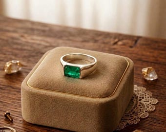 Men's Emerald Cut Green Emerald Ring, Sterling Silver Bezel Solitaire (6x8 mm)