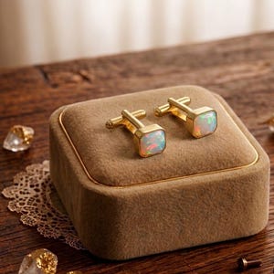 May include: Two gold cufflinks with square opal stones, presented on a brown velvet box. The opals display a play of colour, with flashes of blue, green, and red. These cufflinks are a classic accessory.
