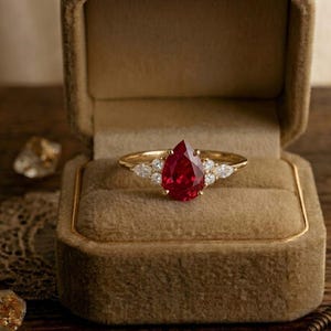 Könnte beinhalten: Ein goldener Ring mit einem tropfenförmigen, tiefroten Edelstein als Mittelpunkt, flankiert von kleineren, klaren Steinen. Der Ring wird in einer samtigen Schmuckschatulle präsentiert, was die Präsentation aufwertet. Der Ring hat ein feines Goldband.