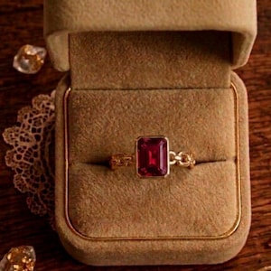 Emerald Cut Ruby Ring, Minimalist Gold Engagement Ring, July Birthstone, Anniversary Gift