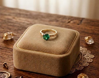 Green Emerald Ring, Round Cut Gemstone Ring for Women, Gold Promise Ring, Minimalist Engagement Jewelry